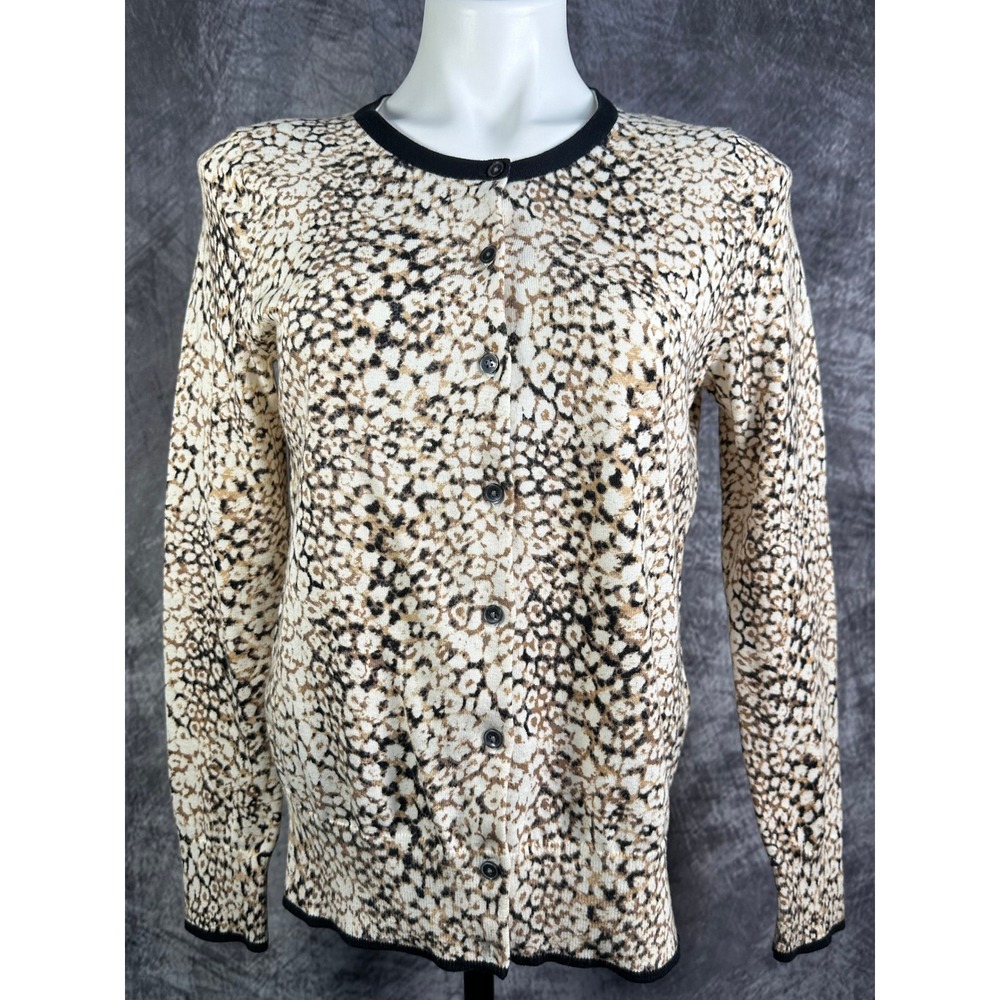Lands' End Cardigan Women S 6-8 Tan Leopard Print 100% Supima Cotton